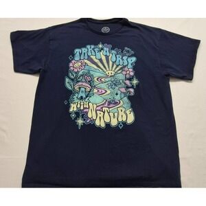 DOA women navy blue hippy graphic t-shirt "Take a Trip with Nature" mushrooms XL